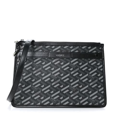 Versace La Greca Signature Black Grey Coated Canvas 